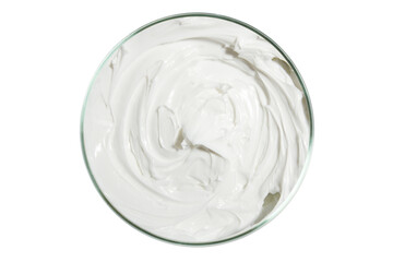 cosmetic cream smeared in a round jar. View from above. On a blank background
