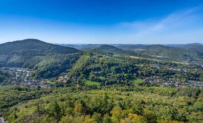 Magnificent view from Trifels Castle over the hills of the Palatinate Forest, above the southern Palatinate town Annweiler. Wasgau, Rhineland-Palatinate, Germany, Europe