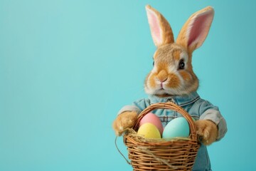 Happy Easter Eggs Basket Cheery. Bunny in flower easter blue sky decoration Garden. Cute hare 3d logogram easter rabbit spring illustration. Holy week easter love card wallpaper columbines