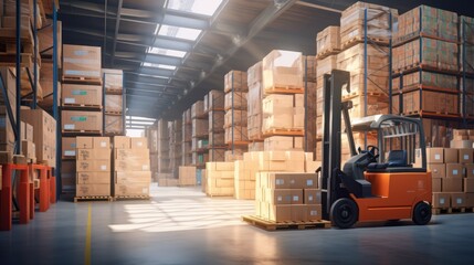 Logistics distribution center, Forklift in retail warehouse filled with shelves with products in cardboard boxes.