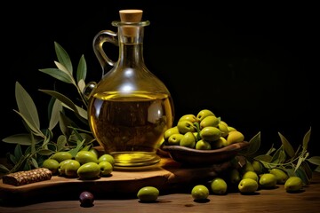 Sleek Olive oil bottle virgin. Ripe extra food. Generate Ai