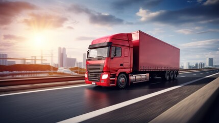 Fototapeta na wymiar Logistics import export and cargo transportation industry concept of Container Truck run on a highway road at blue sky background with copy space,
