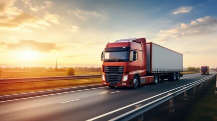 Logistics import export and cargo transportation industry concept of Container Truck run on a highway road with blue sky background with copy space,