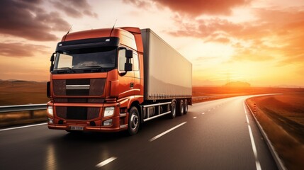 The logistics import export and cargo transportation industry concept of the Container Truck runs on a highway road at sunset blue sky background with copy space,