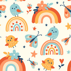 Whimsical Nursery seamless pattern with boho rainbow, birds, butterflies, summer flowers. Flat style hand-drawn vector print. Playful backdrop for baby shower or kids' party, bedroom or playroom.