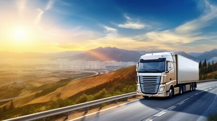 Logistics import export and cargo transportation industry concept of Container Truck runs on a Mountain road with a blue sky background,