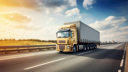 Fototapeta na wymiar Logistics import export and cargo transportation industry concept of Container Truck runs on a highway road with a blue sky background, city background with copy space,