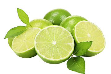 Fresh lime fruits and green leaves falling isolated on a Transparent background. Generative AI
