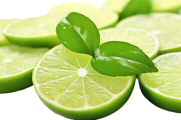 Fresh lime fruits and green leaves falling isolated on a Transparent background. Generative AI