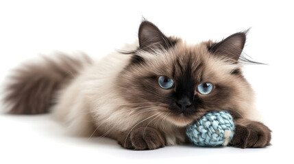 A Serene Portrait of a Himalayan Cat with a toy on a Crystal-Clear Background