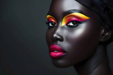 Bold makeup African woman portrait, studio background 