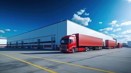 Trailer Trucks Parking lot, at font warehouse building, a blue sky background, International export business concept.