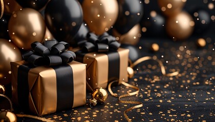 Golden Gift Wrapped in Black and Gold Ribbon Generative AI