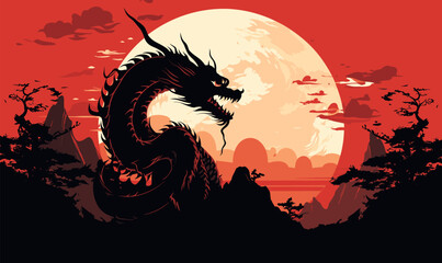 Dragon silhouette circle Chinese New Year vector illustration - obrazy, fototapety, plakaty