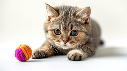 A British Shorthair Cat Batting at a Toy on a Clear Background