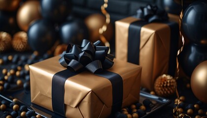 Golden Gift Wrapped in Black Bow: A Perfect Present for the Holidays Generative AI