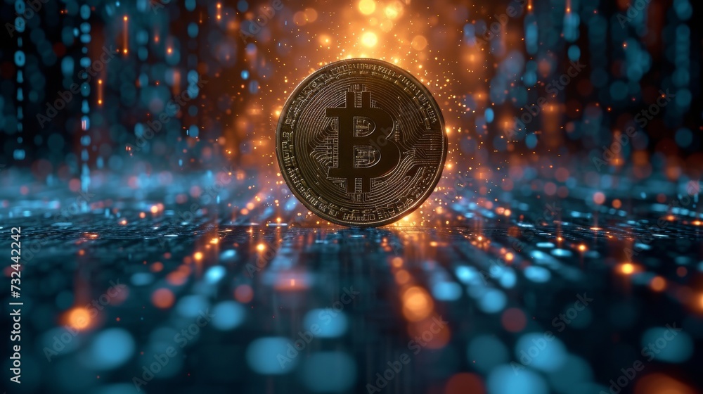 Poster as bitcoin's value plummets, a stunning image captures its descent into a digital abyss, highlightin