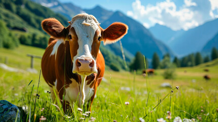 Fototapeta na wymiar Cow on pasture mountain meadow bright sunny day