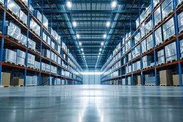 The warehouse of the future uses cutting-edge robotics and digital systems to streamline inventory management and distribution for maximum efficiency. - obrazy, fototapety, plakaty