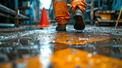 Ignoring the bright yellow caution sign, the worker's shoes lost traction on the slick cement, sending him tumbling into a hazardous fall amidst the construction debris. - obrazy, fototapety, plakaty