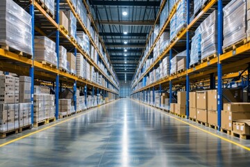 The modern warehouse utilizes advanced robotics and digital inventory management to ensure an efficient and organized distribution process. - obrazy, fototapety, plakaty
