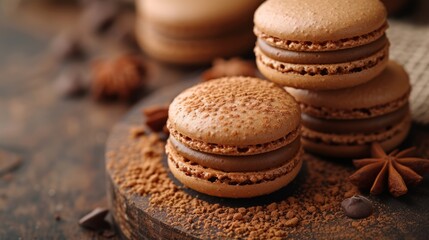 Handmade macaroons showcased on a wooden background. Macaroons in organic setting, copy space for text, mockup scene