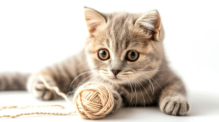 A Scottish Fold Cat Playing with a Yarn Toy on a Clear Background
