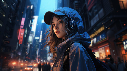 wonderful attractive young asian realistic anime girl with headphones