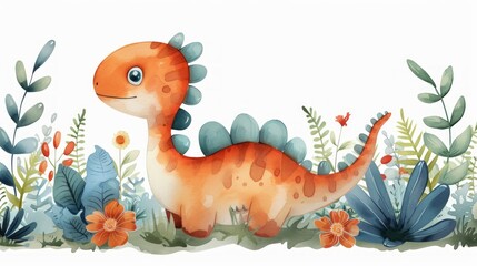 Watercolor cartoon cute little dinosaur