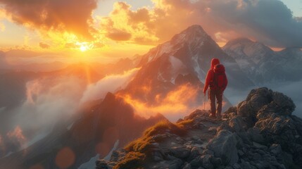 The hiker's ascent in their vibrant red jacket adds a pop of color to the tranquil alpine scenery as they embrace the calmness of the early morning trek.