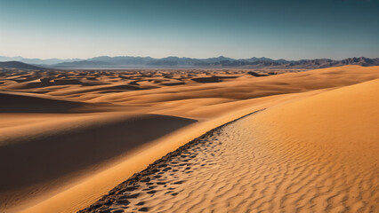 view of a desert with a few sand dunes and mountains, 