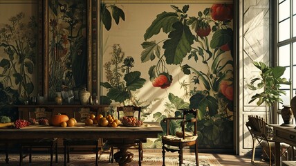 A detailed HD photograph of a sophisticated kitchen wall boasting an elaborate illustration of vegetable patterns in wallpaper - obrazy, fototapety, plakaty