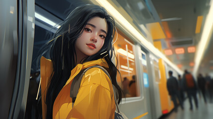 beautiful realistic inspired anime asian girl standing in front of a train, station scenery - obrazy, fototapety, plakaty