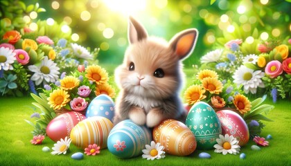 Fototapeta na wymiar Happy Easter Traditional Rabbit Bunny Hare Cute Adorable Holiday Symbol Colorful Digital Generated Card Invitation Banner Illustration Fantasy Art 