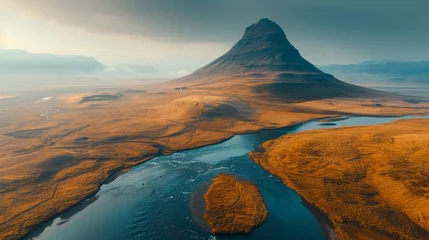 Peel and stick wall murals Kirkjufell Experience the magic of Iceland's Kirkjufell, where the sun's descent paints the sky and waterfall in vibrant sunset shades, creating a mesmerizing masterpiece of nature.