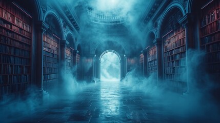 Step into the grand library and let your imagination run wild as you explore the mystical worlds hidden within each glowing book. - obrazy, fototapety, plakaty
