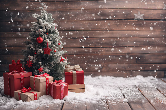 Christmas presents placed under a beautifully decorated Christmas tree, set against a wooden backdrop, exuding warmth and holiday cheer.