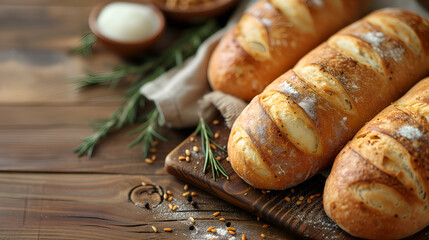 Fresh bakery bread and wooden copy space background, promo banner 