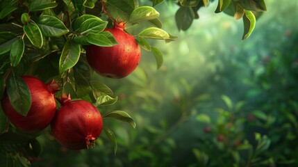Healthy red pomegranate fruit trees. Rich harvest, pomegranate plantations with beautiful trees. Red, ripe pomegranates on a branch Fruits are very useful for a healthy lifestyle. Copy Space