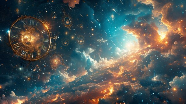 In the realm of the timeless deity, the cosmic backdrop pulsates with the rhythm of eternity as hourglasses mark the epochs and shooting stars illuminate the enigmatic continuum.