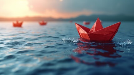 The red boat sets sail, charting a course for growth and innovation, inspiring the white fleet to follow its lead towards success.