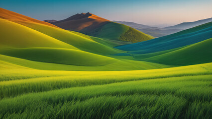 Obraz premium view of a green field with hills in the background,