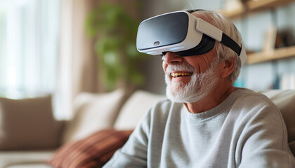 Smiling elderly man enjoying playing computer games with virtual reality glasses. Active age concept