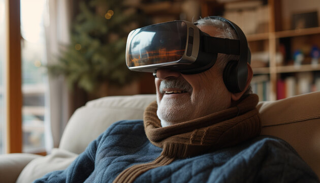 Smiling elderly man enjoying playing computer games with virtual reality glasses. Active age concept