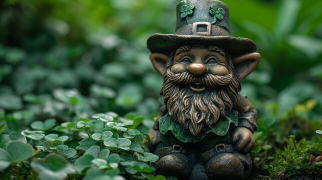 "A whimsical sculpture captures the essence of a leprechaun, complete with his green hat, lucky clover, and pot of gold under a rainbow."