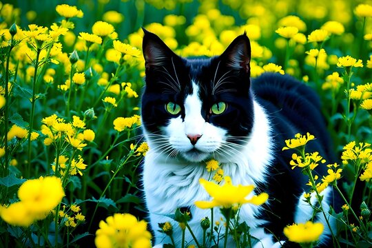 Cute cat in rape flower field(Yuchae). Generative AI.