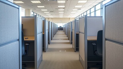 The corporate workspace embodies conventional formality, with employees in suits diligently working within the confines of their structured cubicle environment.