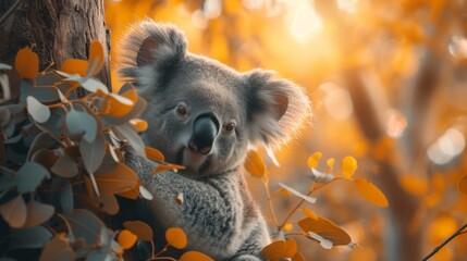 Obraz premium The koala, nestled in the eucalyptus tree, embodies the tranquility of Australia's wildlife that must be preserved for future generations.