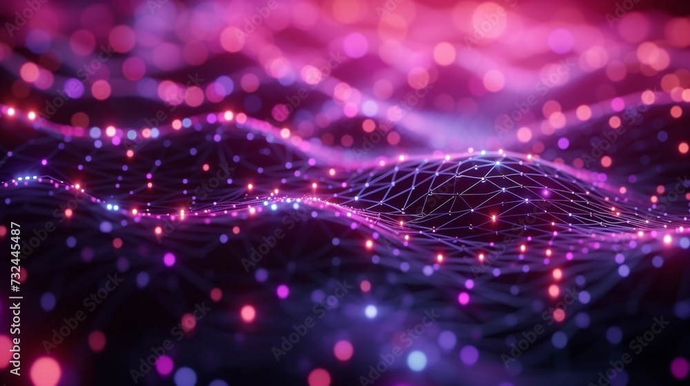 Poster explore the futuristic cyberspace with this vibrant network structure, where glowing purple and cyan