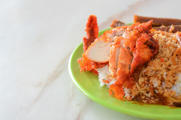Close-up of the renowned Nasi Kandar or Kandar Rice, a highly popular dish in the state of Penang, Malaysia.